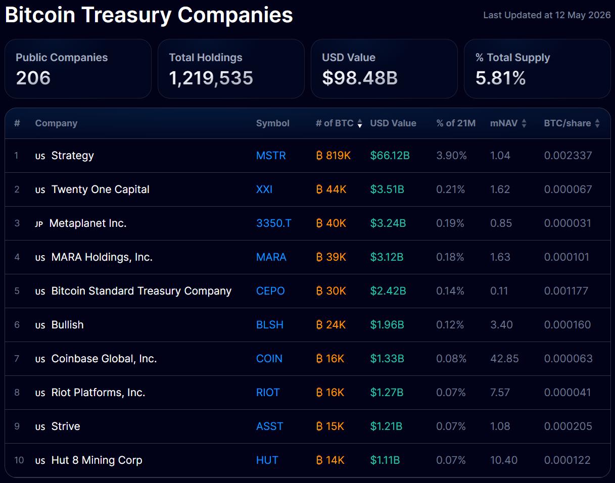 Bitcoin Treasury Companies dashboard